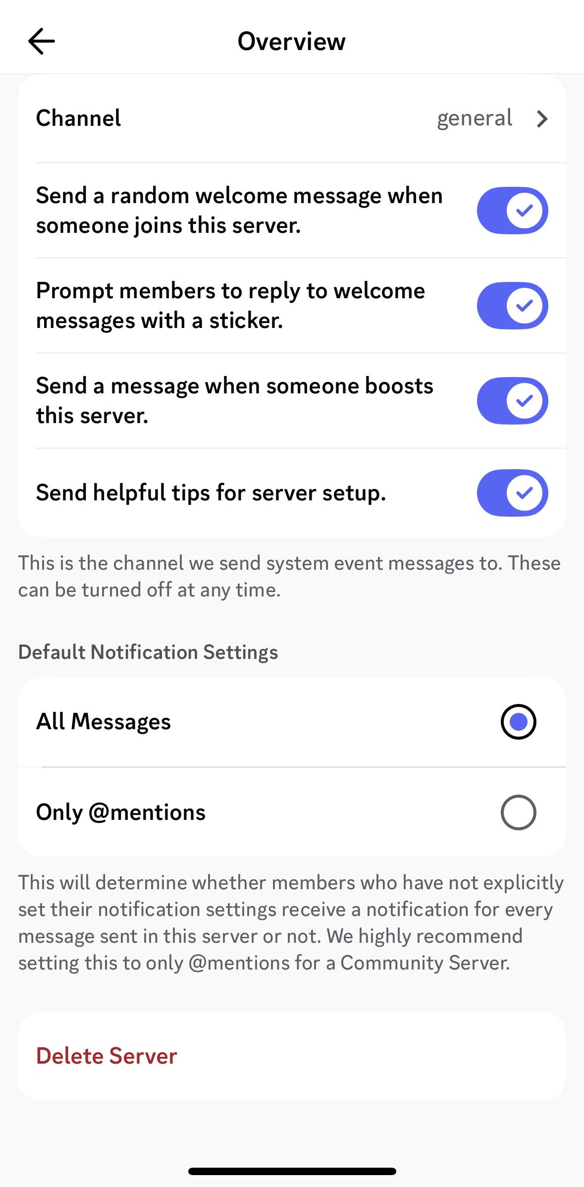 Discord Screen 1 screen in the Deleting a server flow