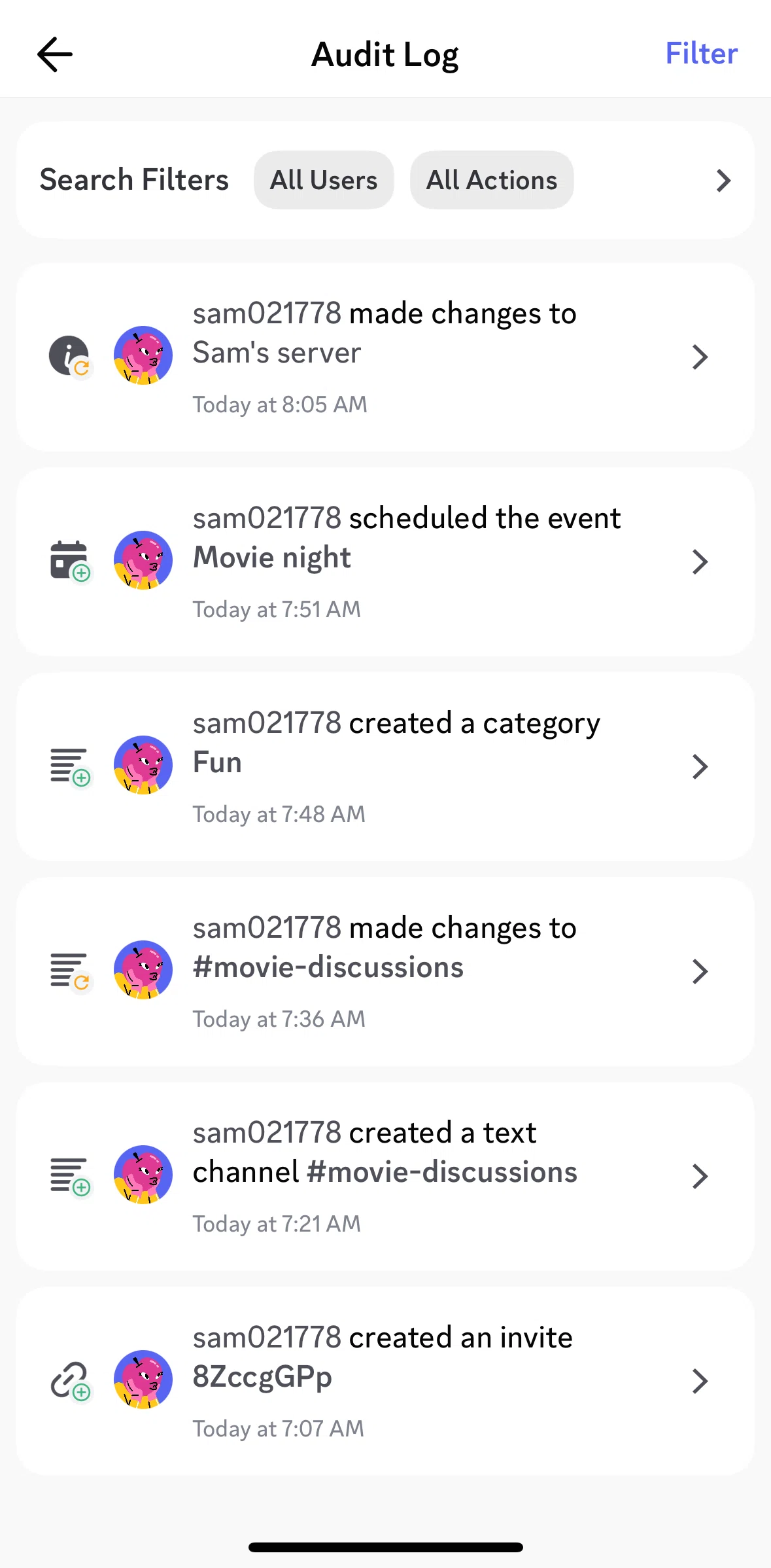 Discord Screen 1 screen in the Filtering logs flow