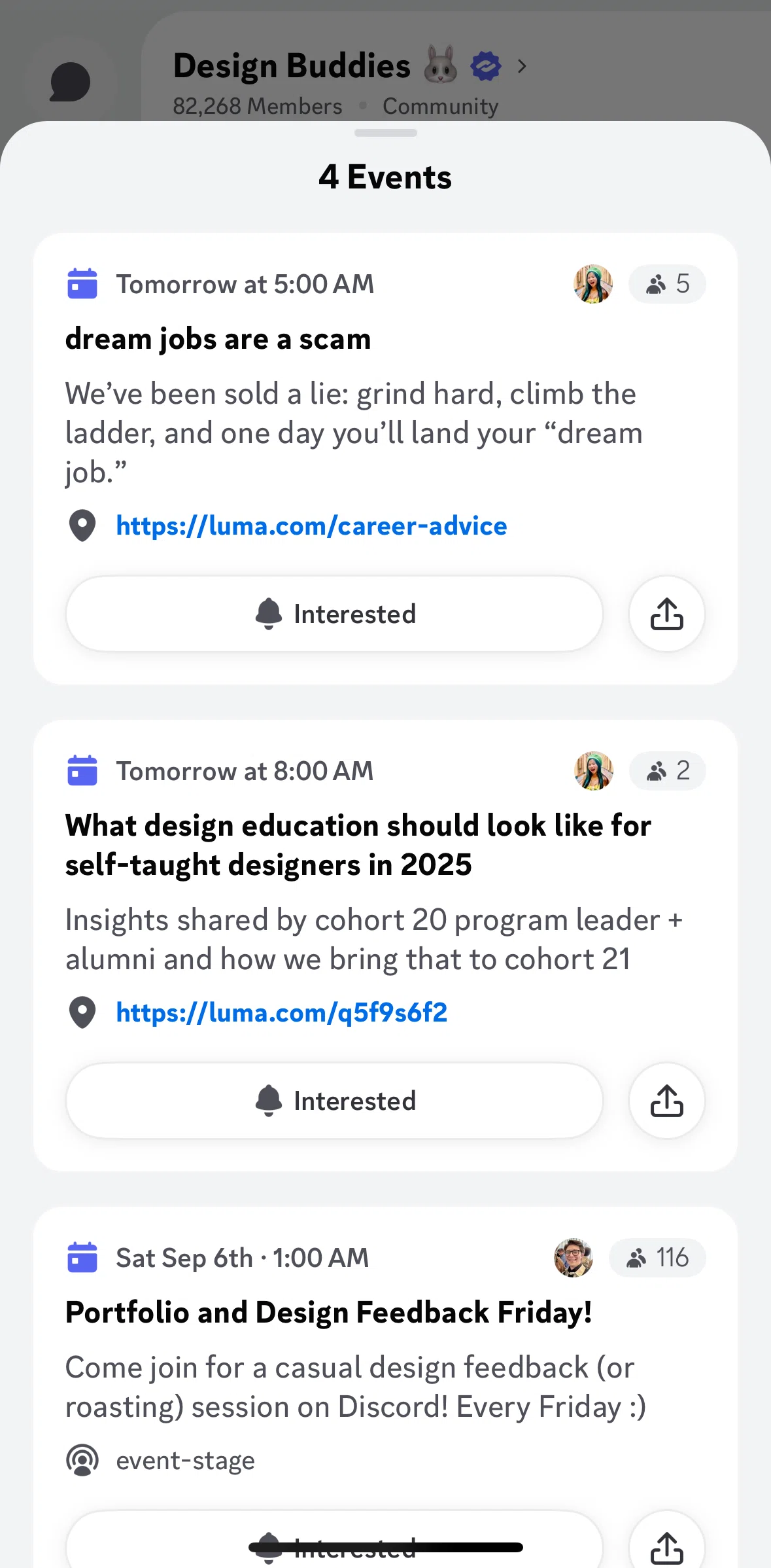 Discord Screen 1 screen in the Marking an event as interested flow