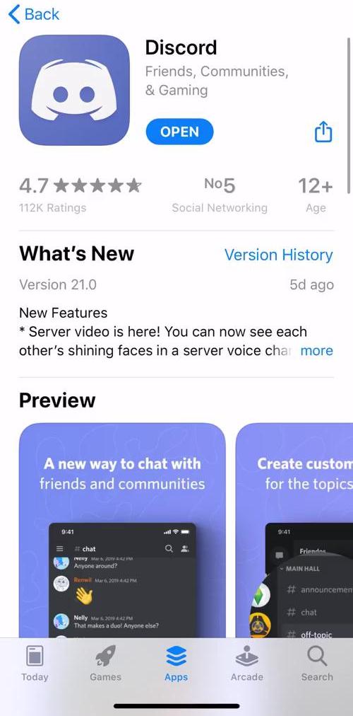 Discord App store listing screen in the Onboarding flow