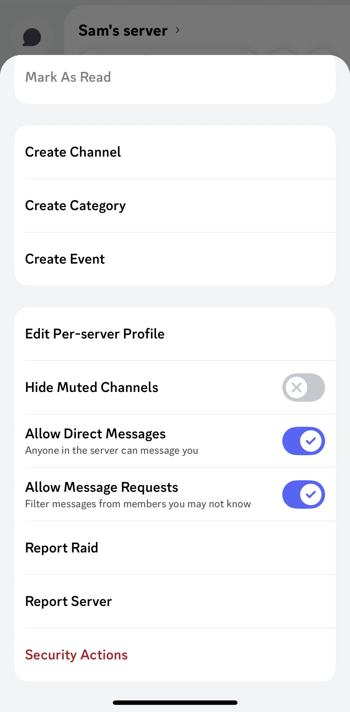 Discord Screen 1 screen in the Setting up security actions flow