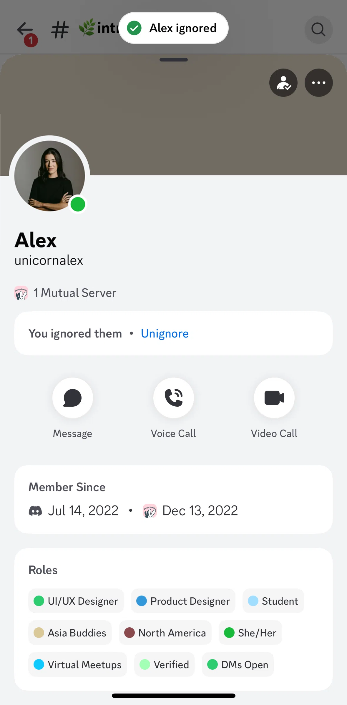 Discord Screen 1 screen in the Unignoring a user flow