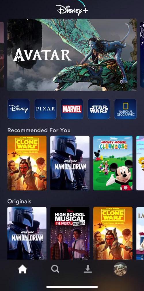Disney Plus Home screen in the Discovering Content flow
