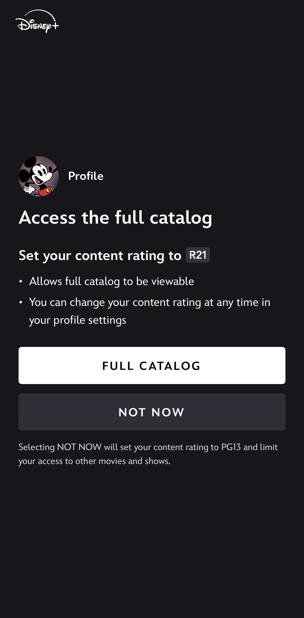 Disney+ Screen screen in the Accessing a full catalog flow