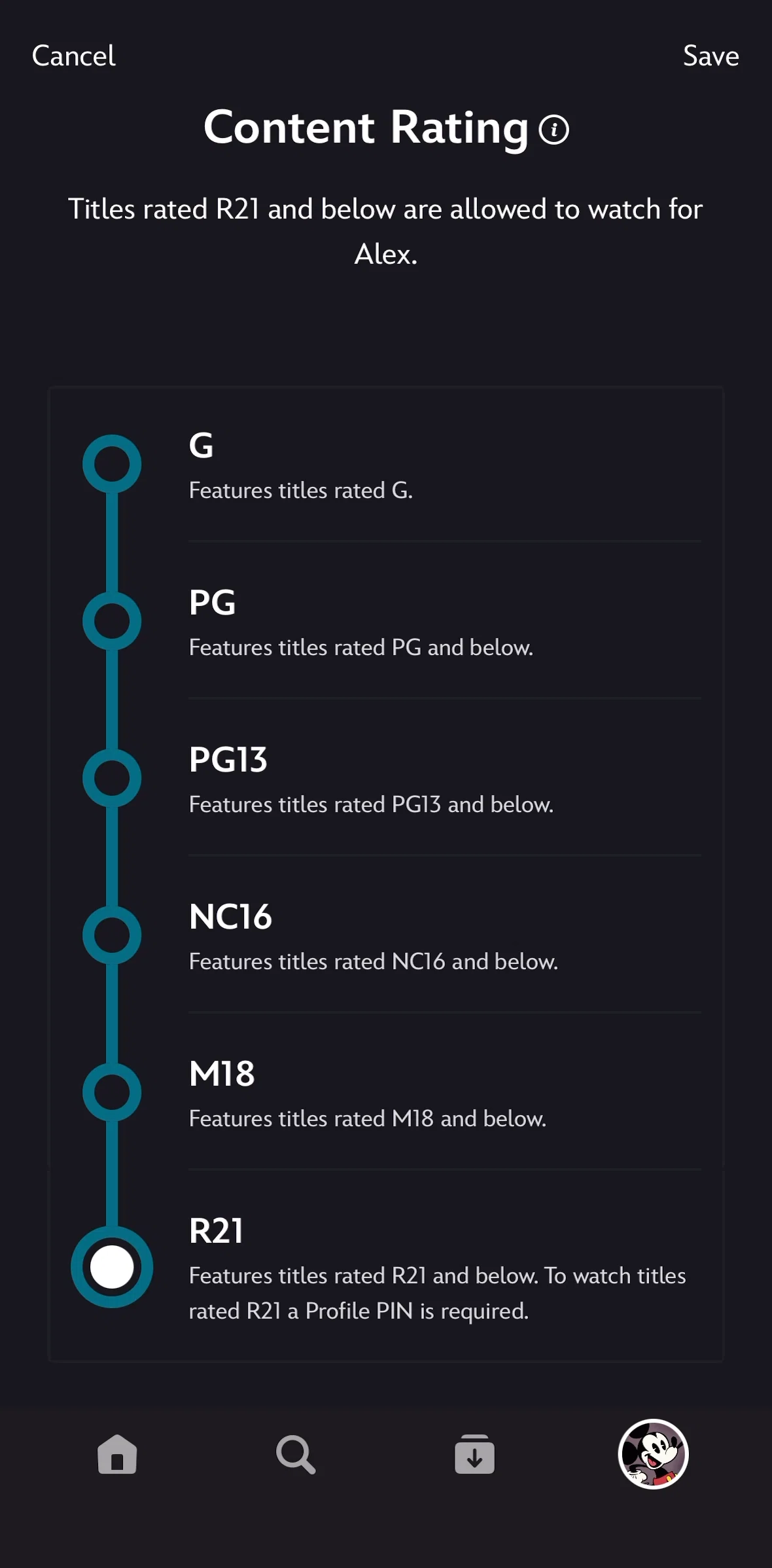 Disney+ Screen screen in the Content rating information flow