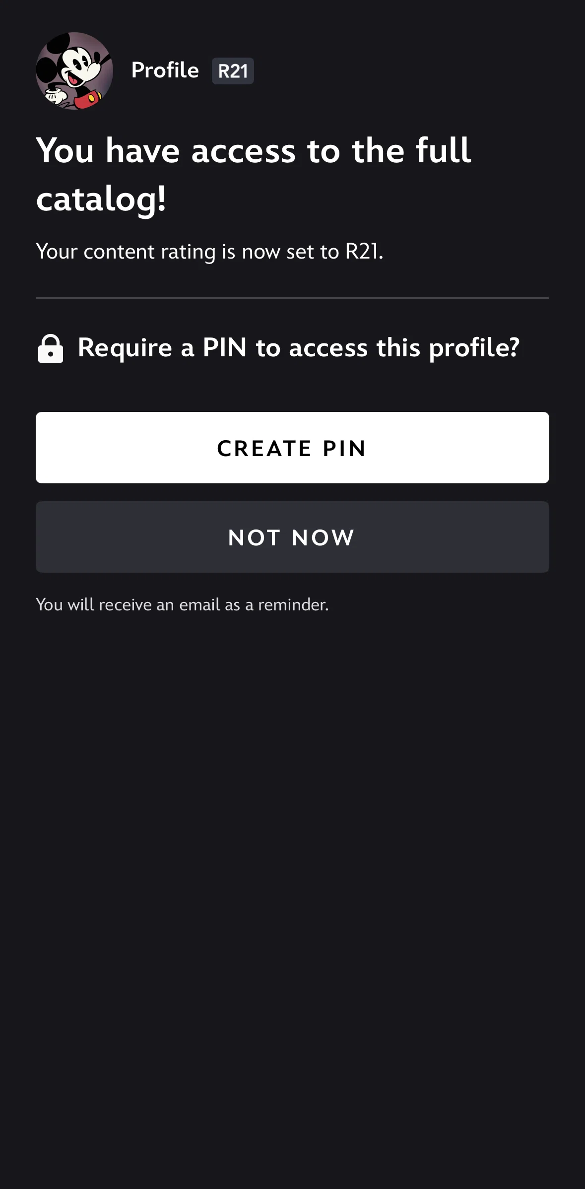 Disney+ Screen screen in the Creating a PIN flow