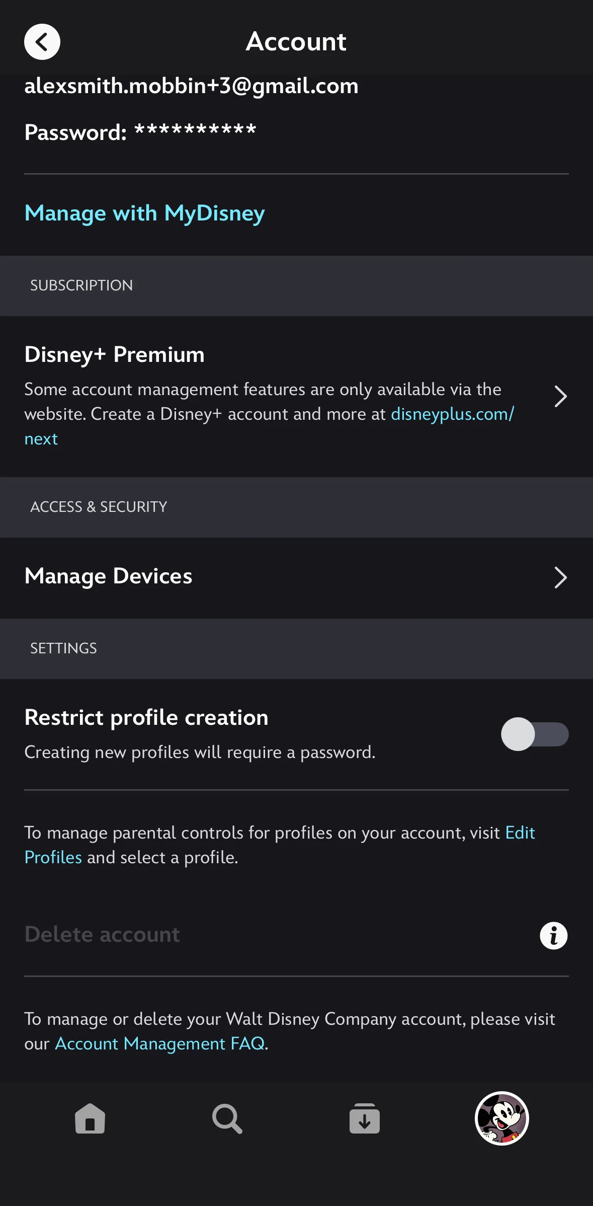 Disney+ Screen screen in the Delete account information flow