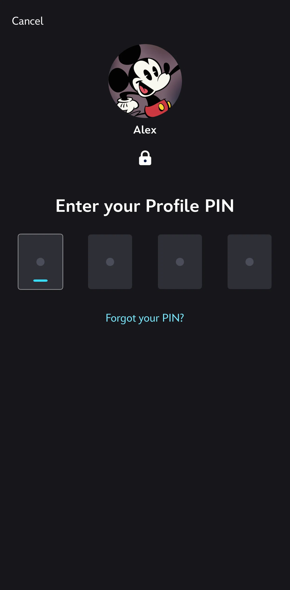 Disney+ Screen screen in the Resetting PIN flow