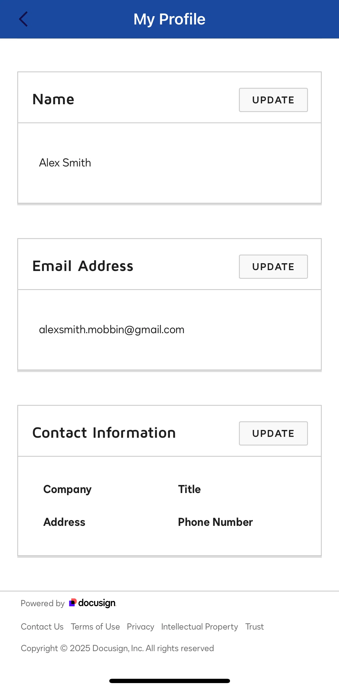 Docusign Screen screen in the Changing contact information flow