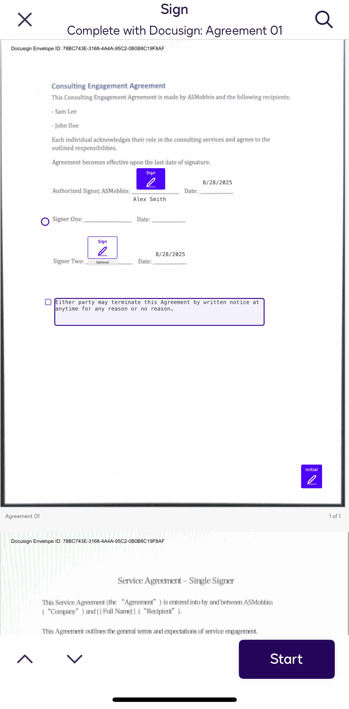Docusign Screen screen in the Declining to sign flow