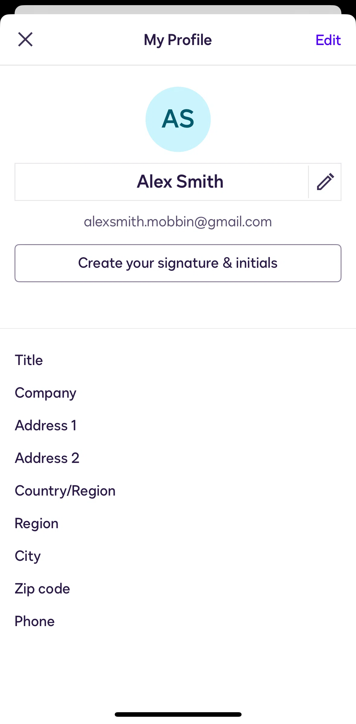 Docusign Screen screen in the Edit profile flow