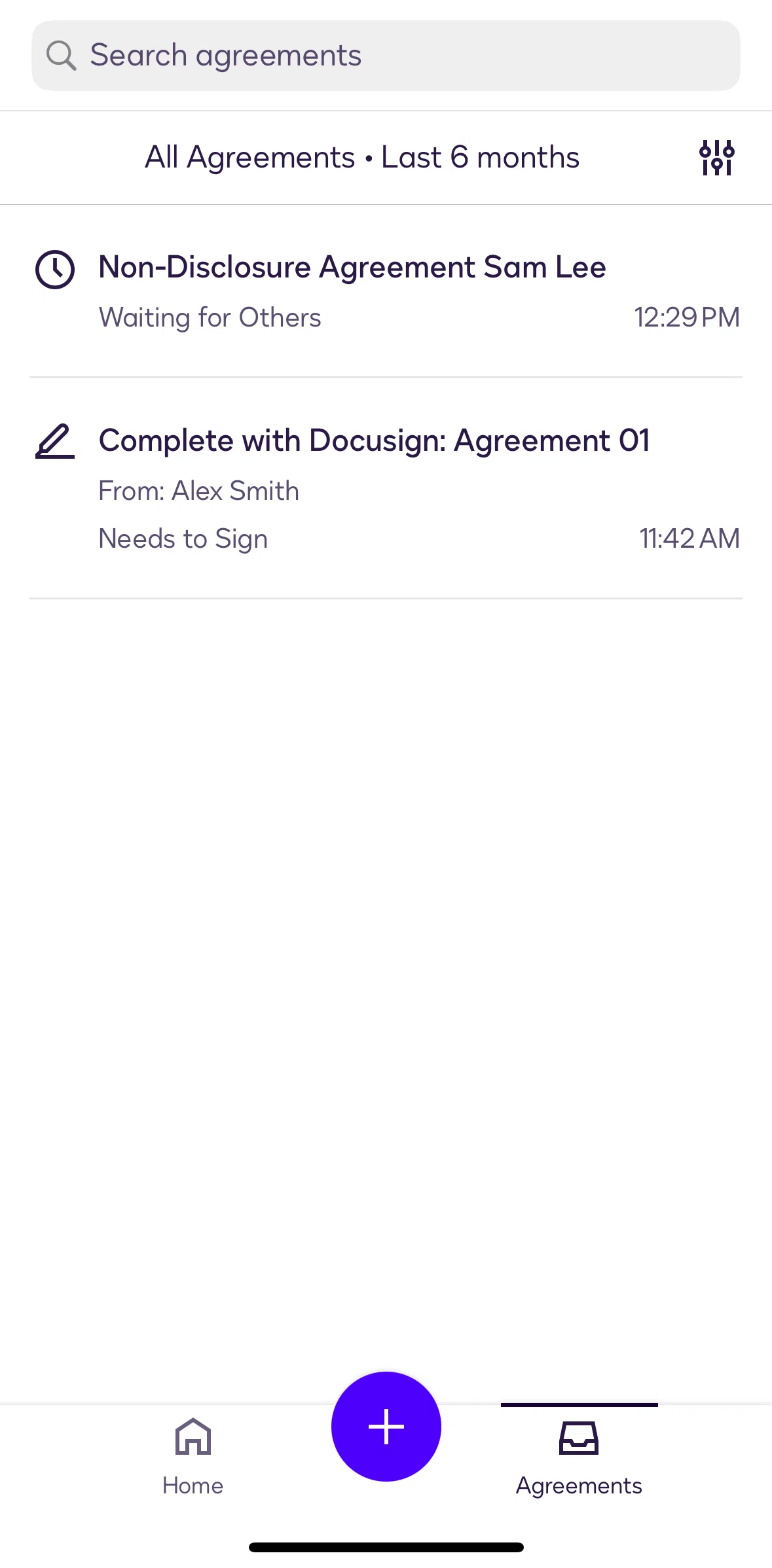 Docusign Screen screen in the Filtering agreements flow