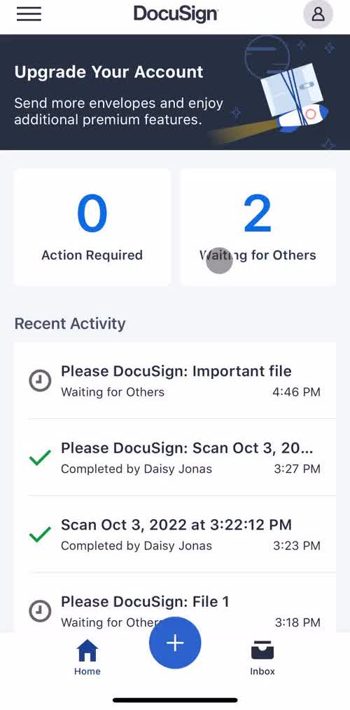 Docusign Home screen in the General Browsing flow