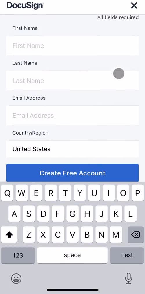 Docusign Sign up screen in the Onboarding flow