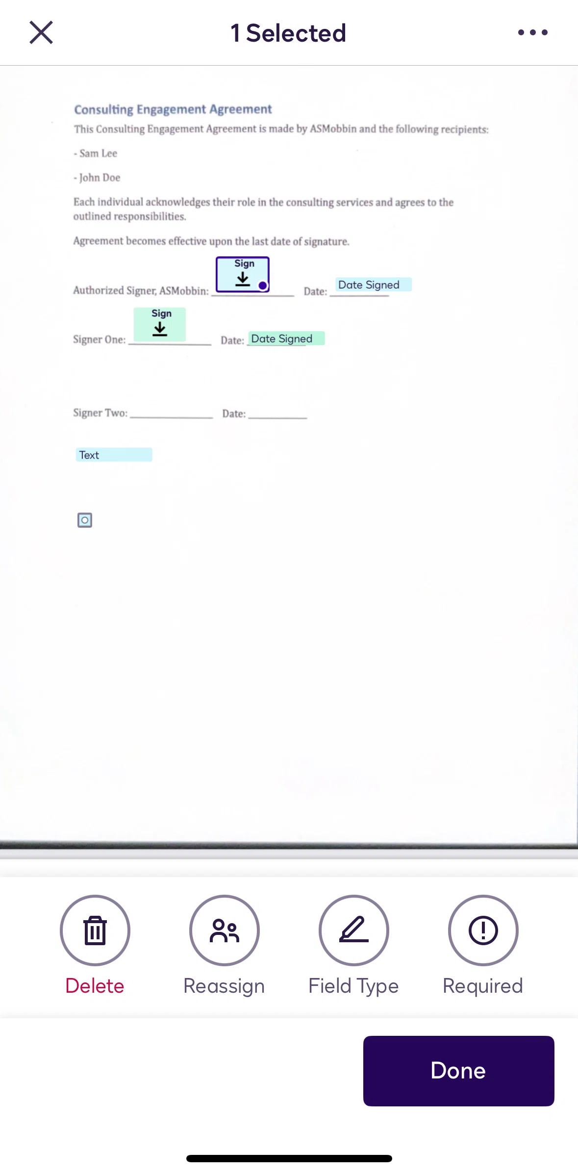 Docusign Screen screen in the Reassigning a field flow