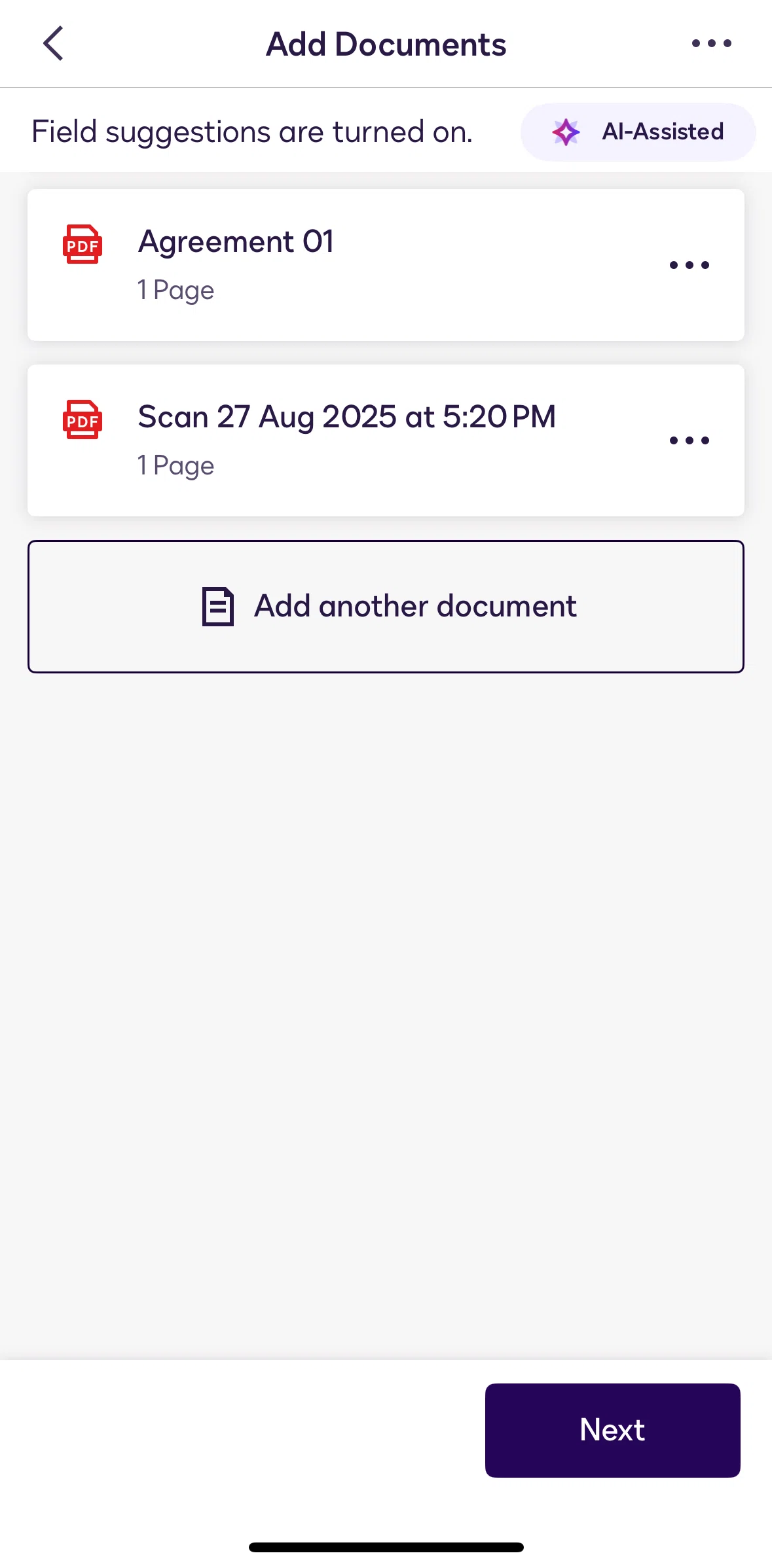 Docusign Screen screen in the Reordering documents flow