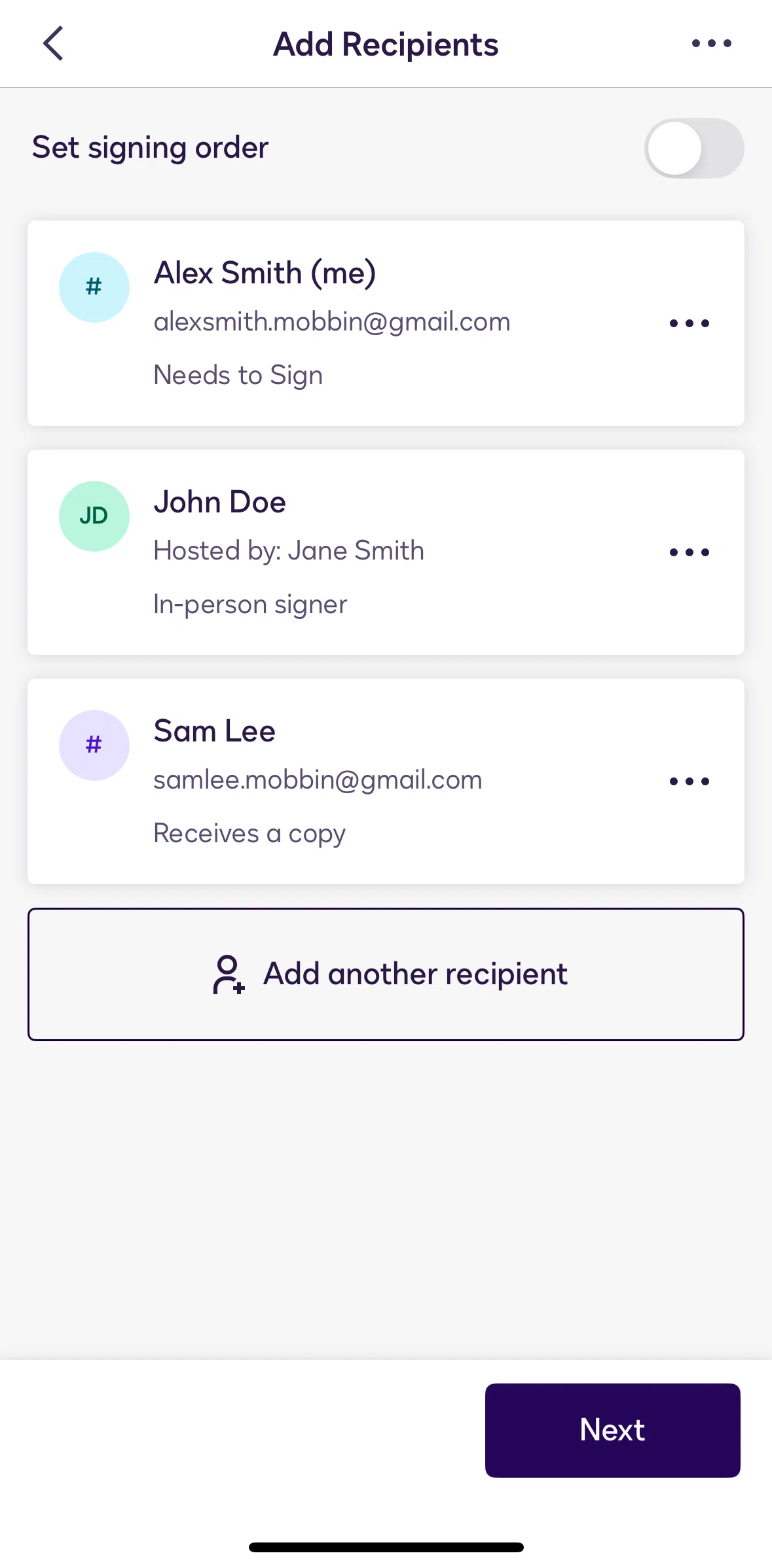 Docusign Screen screen in the Reordering signing order flow