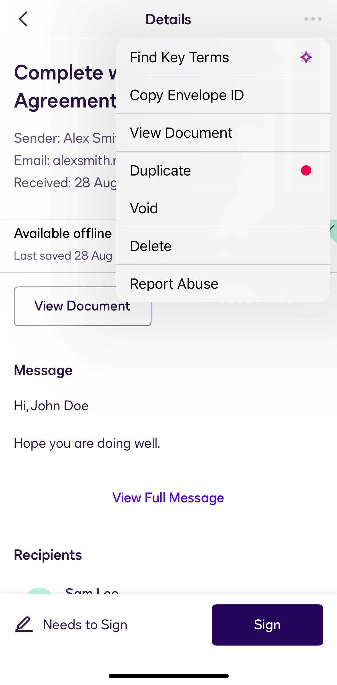 Docusign Screen screen in the Reporting an envelope flow
