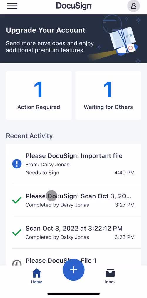 Docusign Home screen in the Signing A Document flow