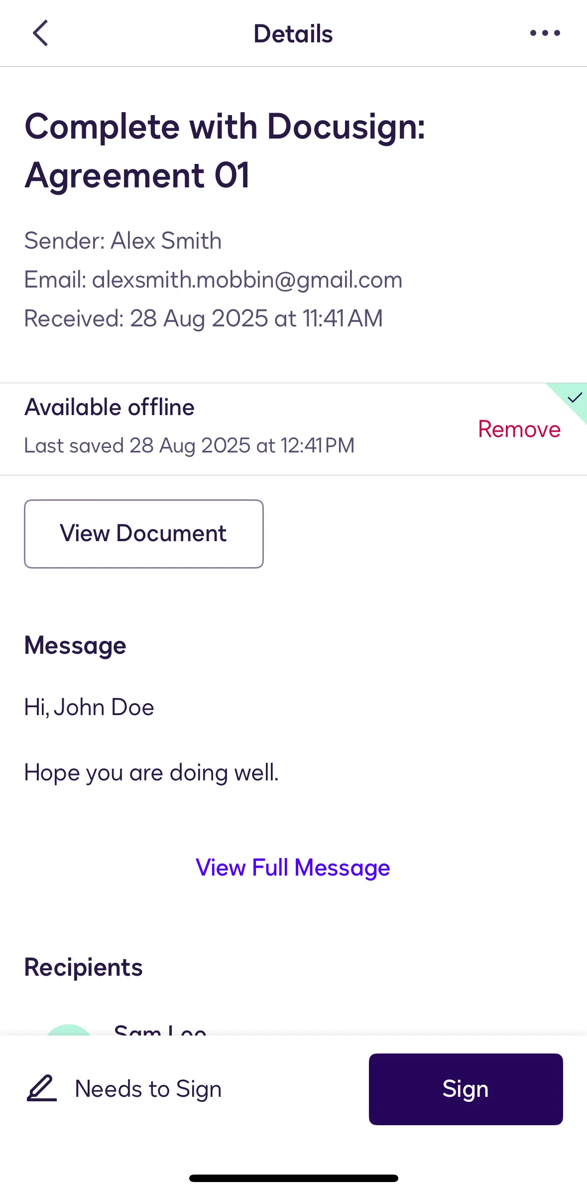 Docusign Screen screen in the Signing an envelope (offline) flow