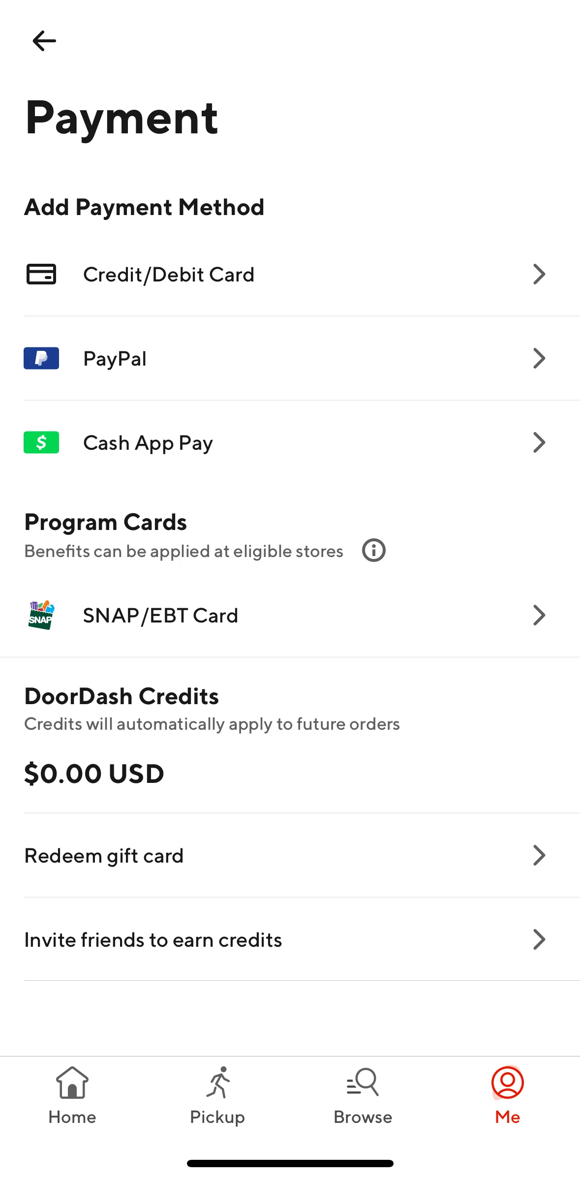 Door Dash Screen screen in the Adding a payment method flow