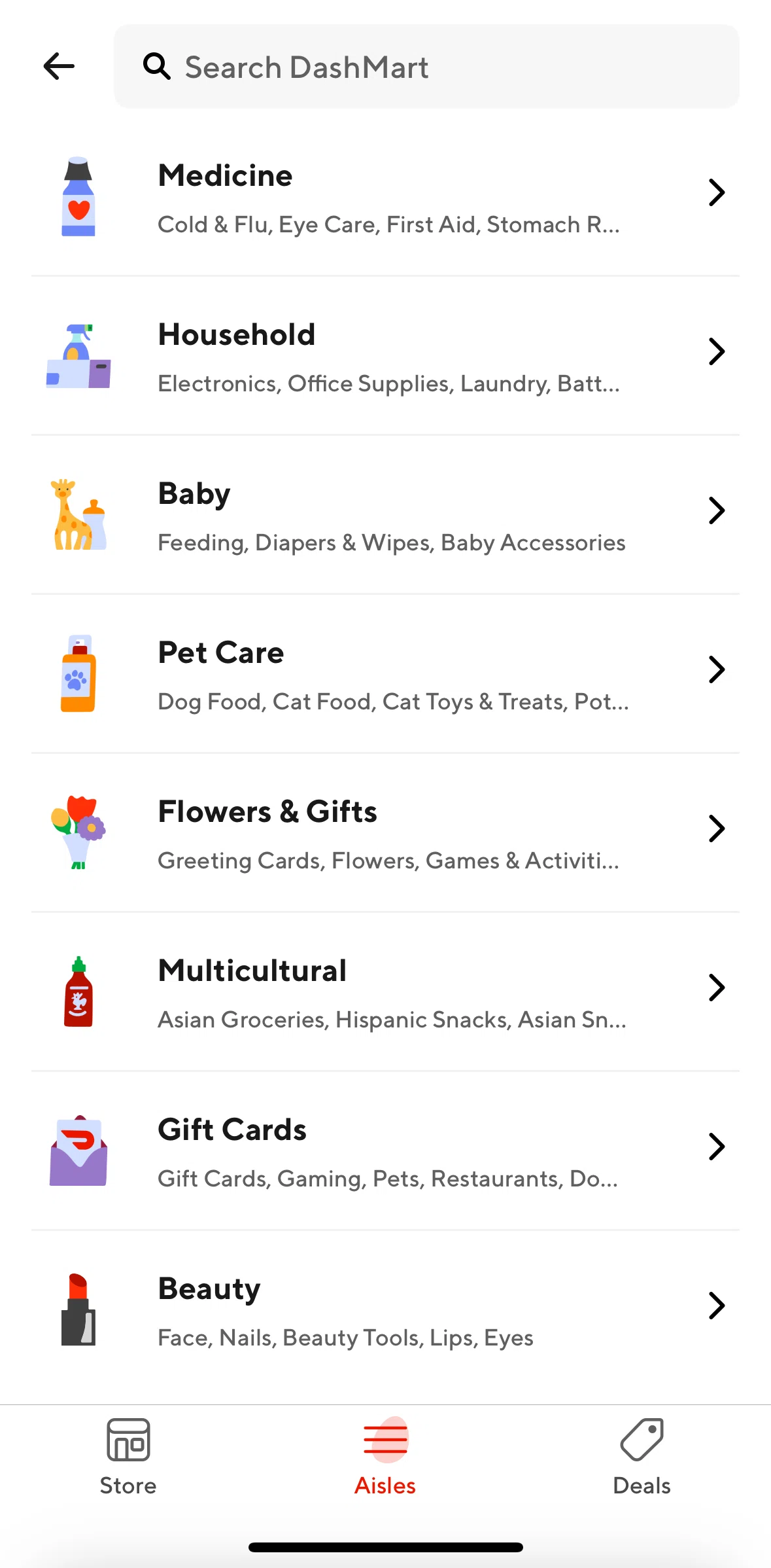 Door Dash Screen screen in the Aisle detail flow