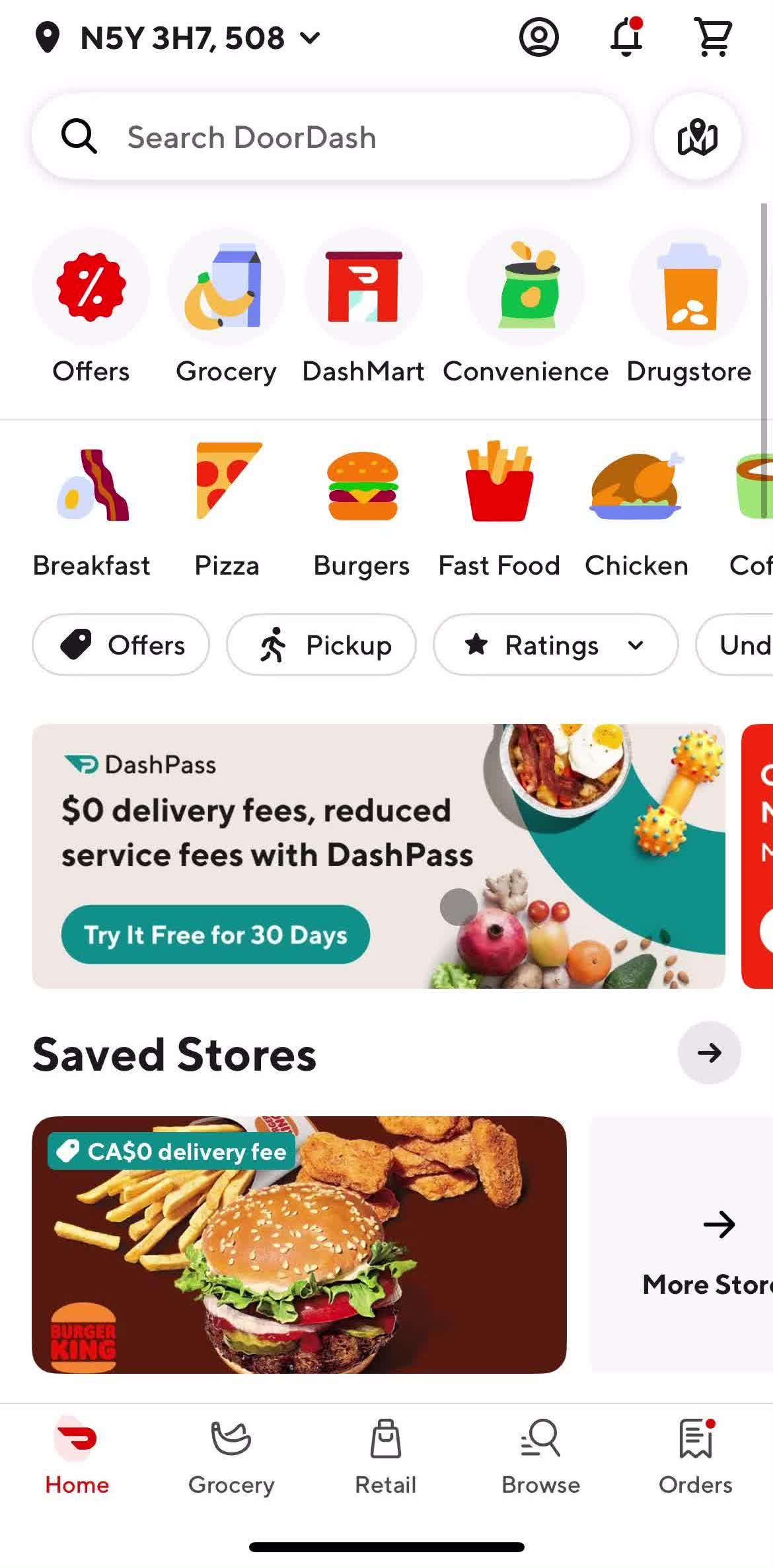 Door Dash Home screen in the Cancelling An Order flow