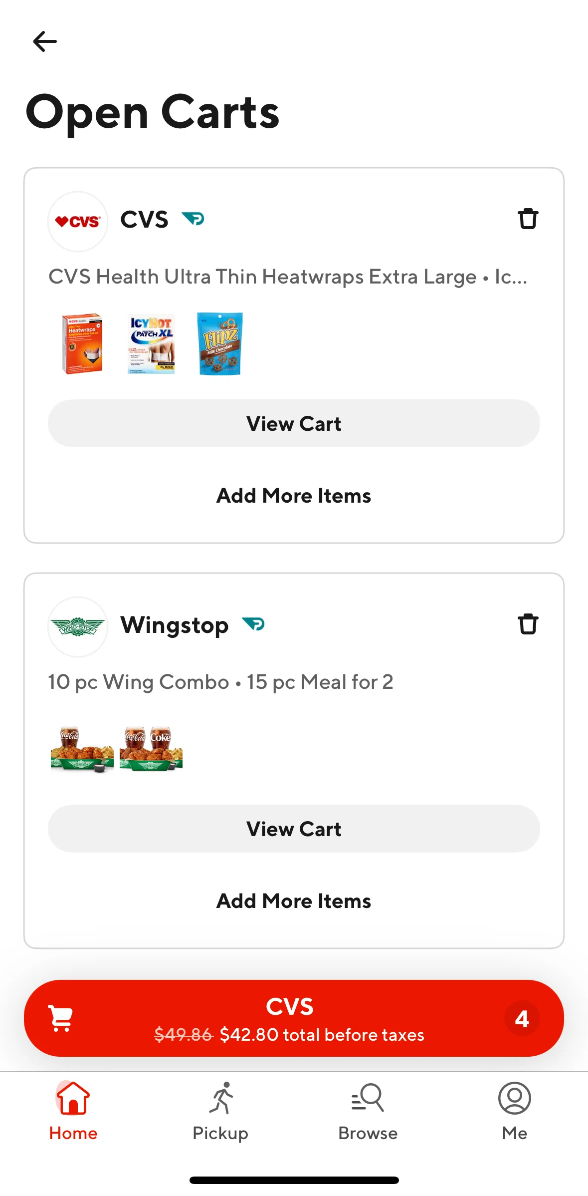 Door Dash Screen screen in the Deleting an open cart flow