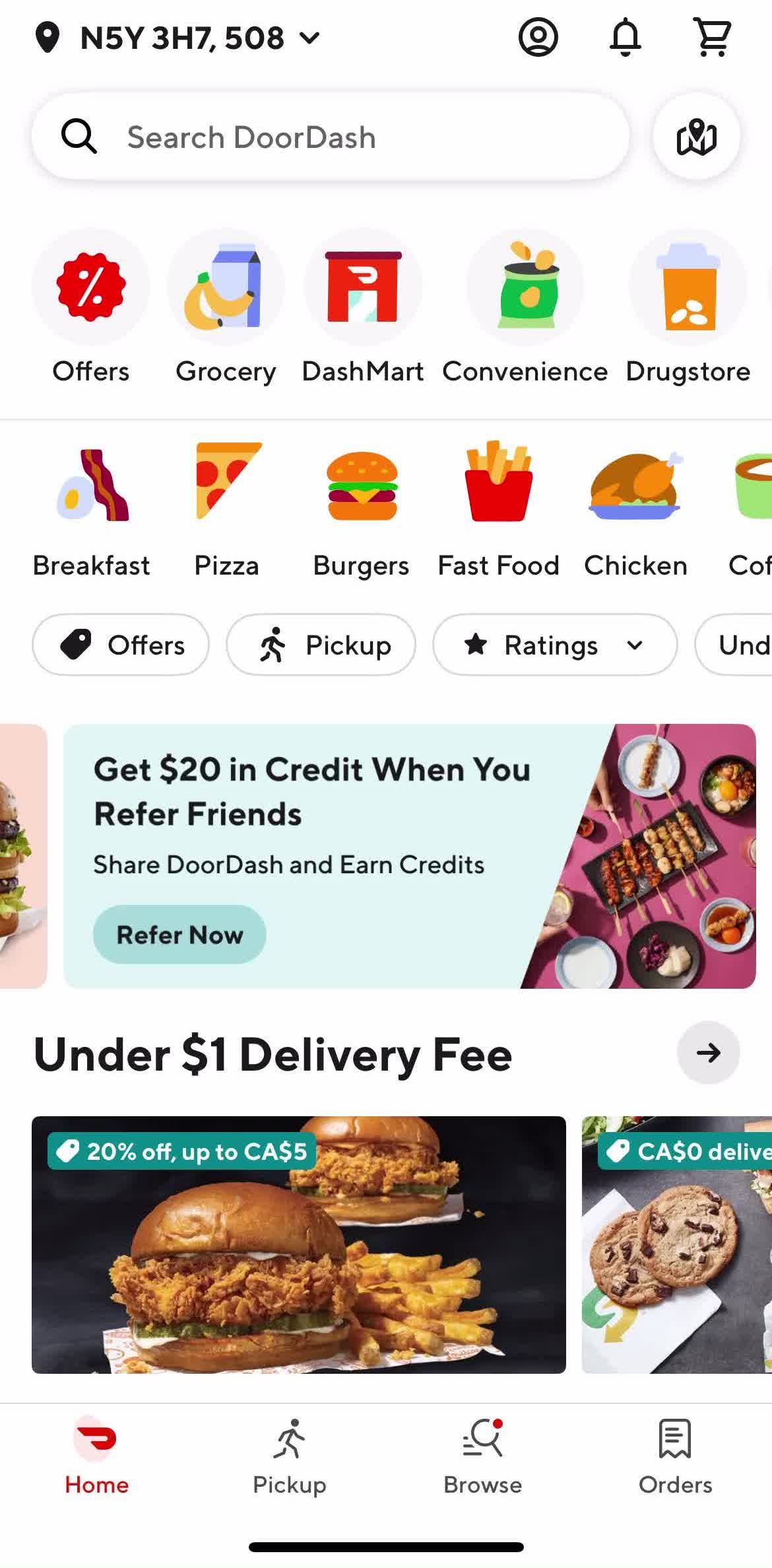Door Dash Home screen in the Ordering Food flow