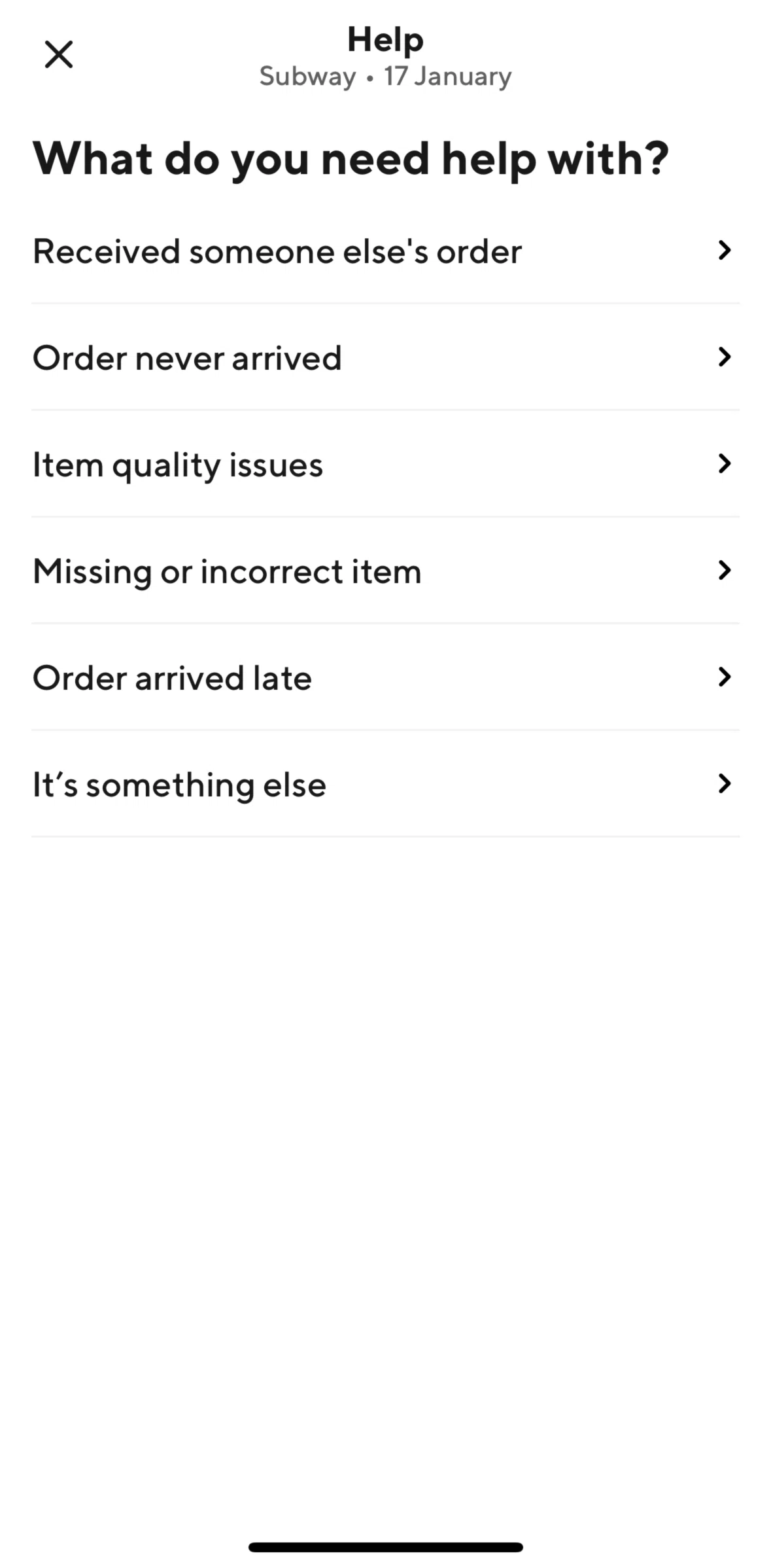 Door Dash Screen screen in the Reporting an issue flow