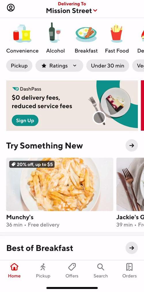 Door Dash Home screen in the Searching flow
