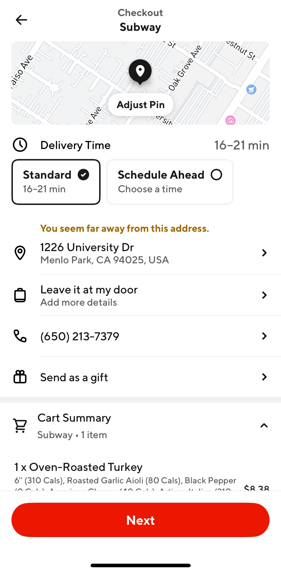 Door Dash Screen screen in the Sending an order as a gift flow