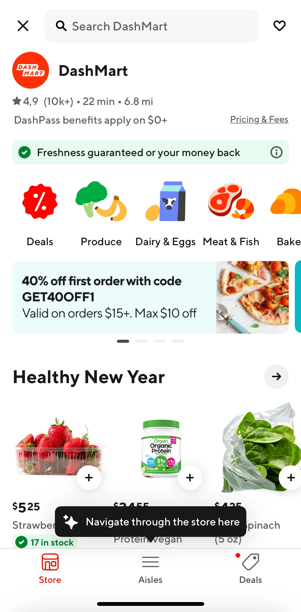 Door Dash Screen screen in the View aisles flow