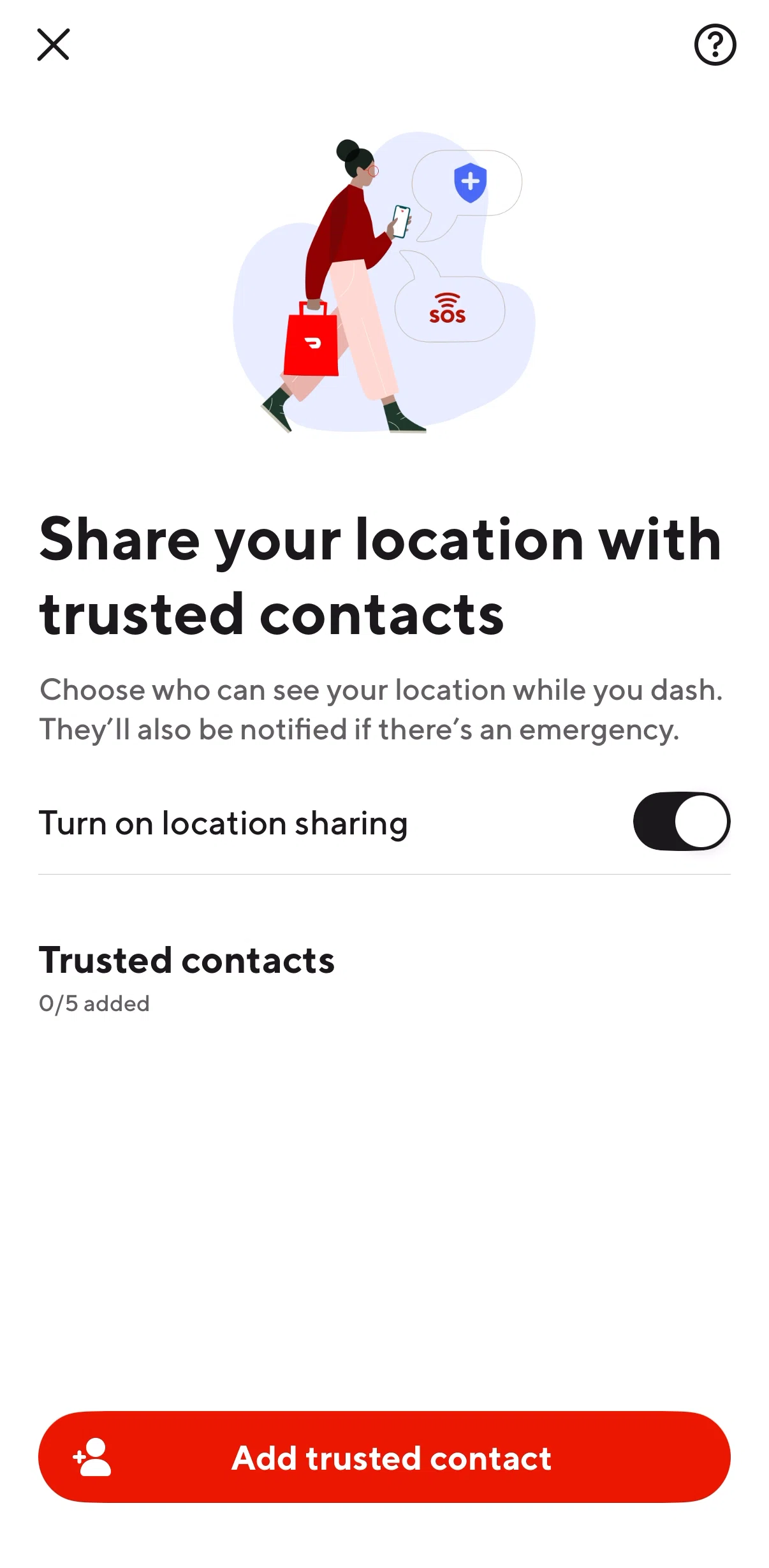 Doordash Dasher Screen screen in the Adding a trusted contact flow