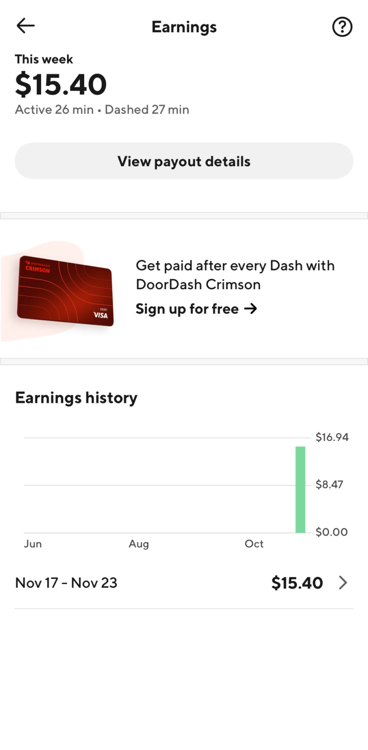Doordash Dasher Screen screen in the Earnings history flow