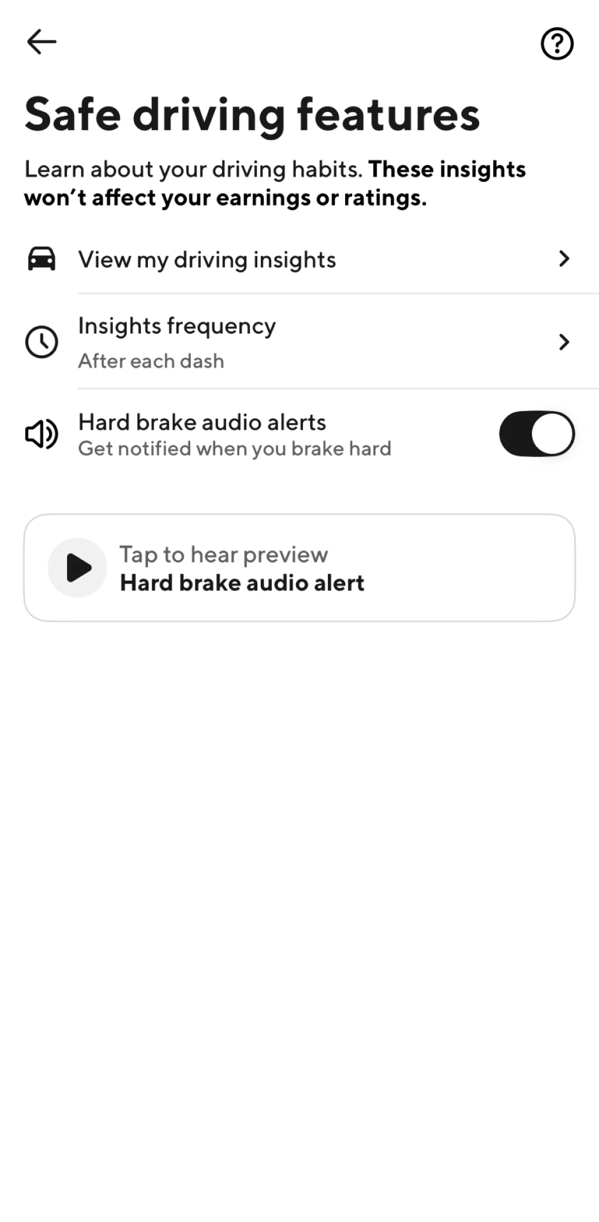 Doordash Dasher Screen screen in the Listening to hard brake audio alert flow