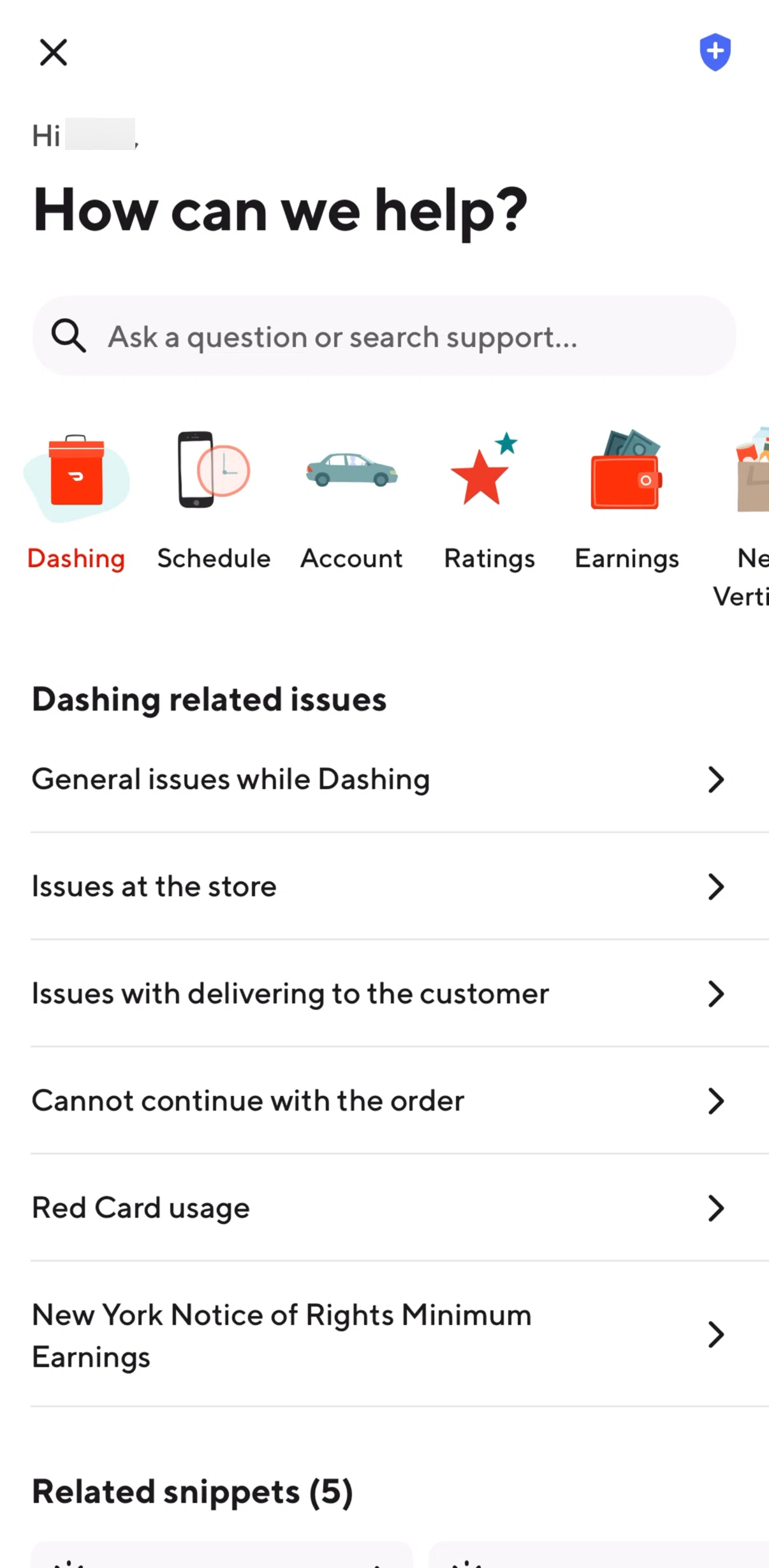 Doordash Dasher Screen screen in the Searching support articles flow