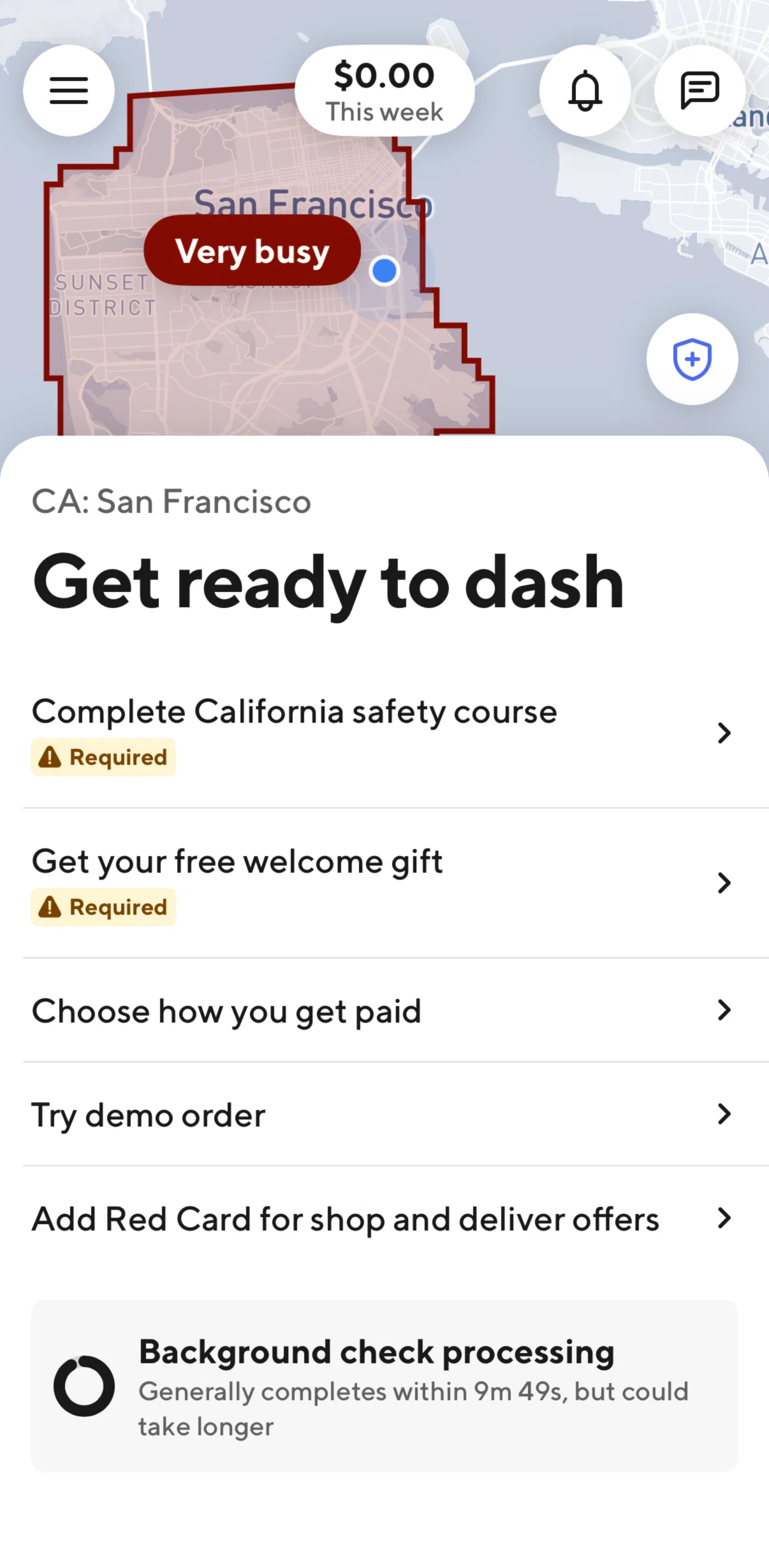 Doordash Dasher Screen screen in the Try a demo order flow