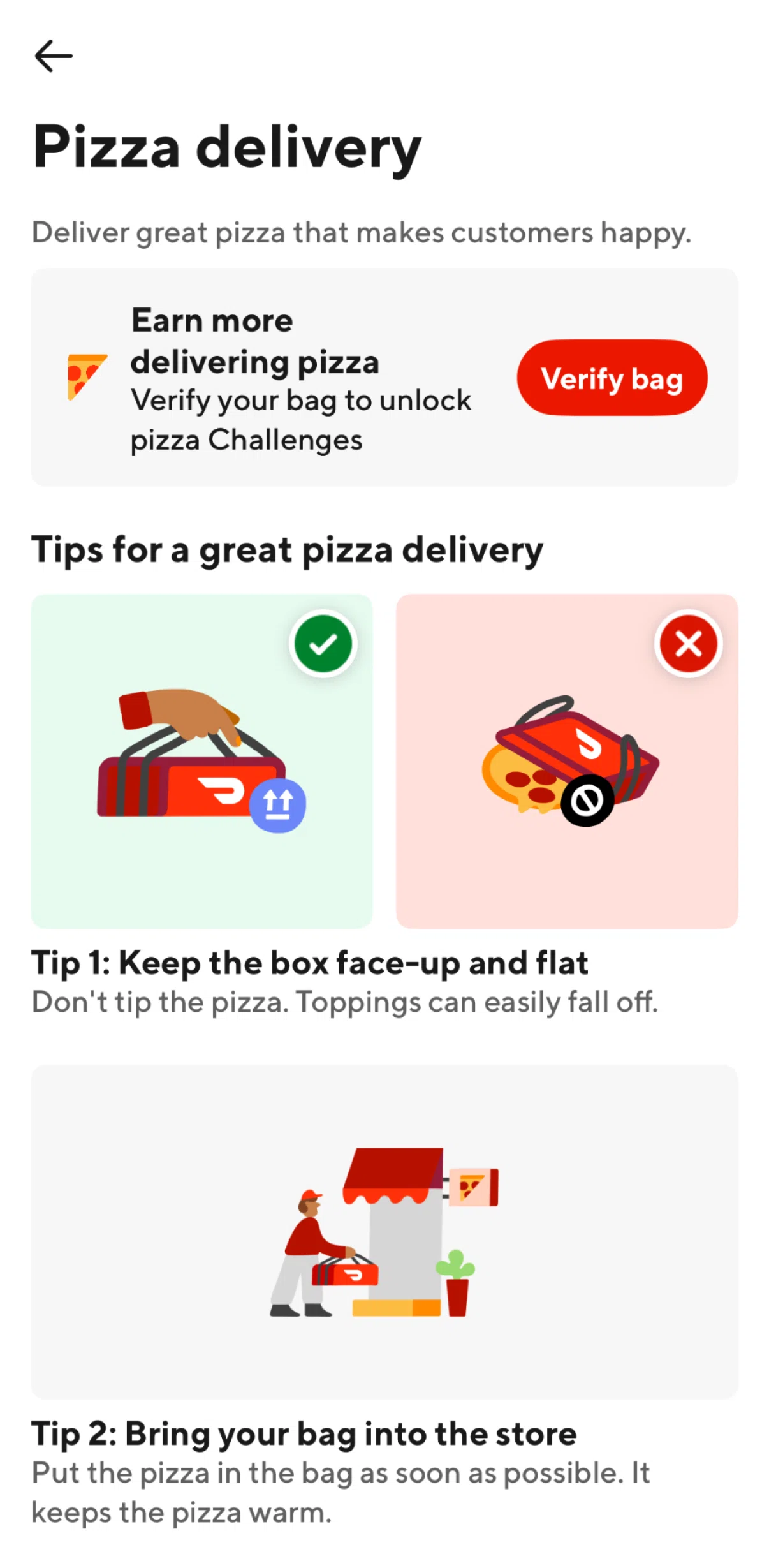 Doordash Dasher Screen screen in the Verify a pizza bag flow