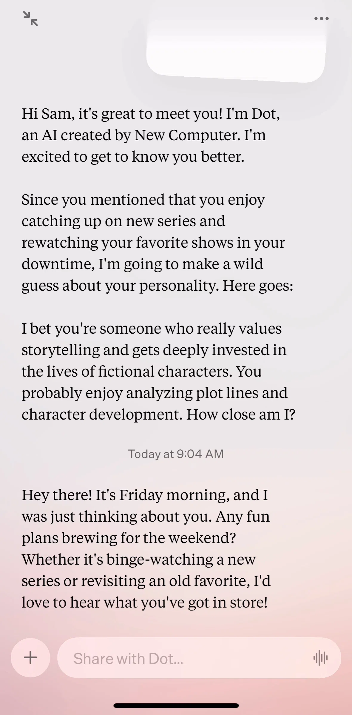 Dot Screen screen in the Chatting with Dot (text input) flow