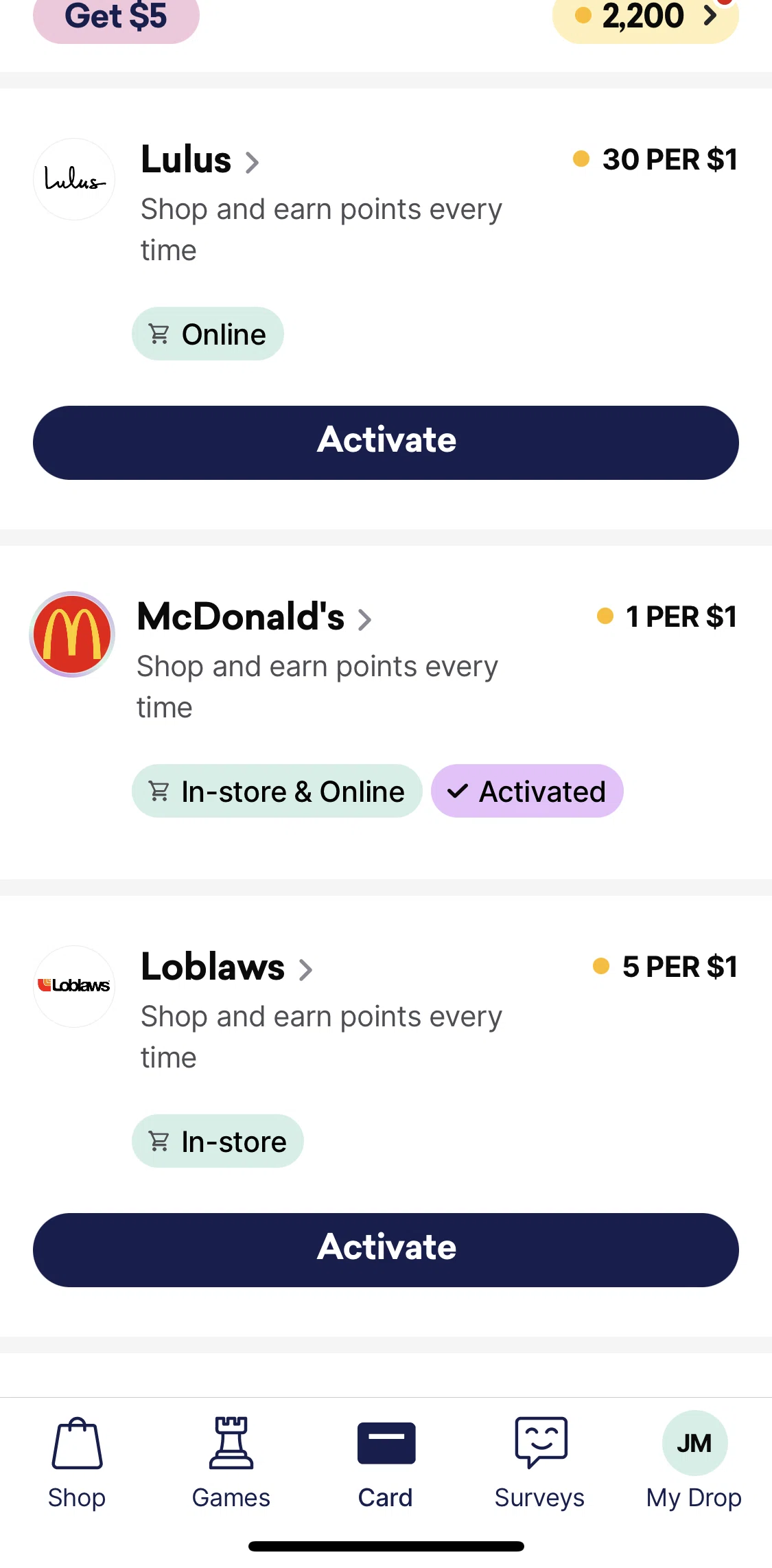 Drop Screen screen in the Activating an offer (Card Tab) flow