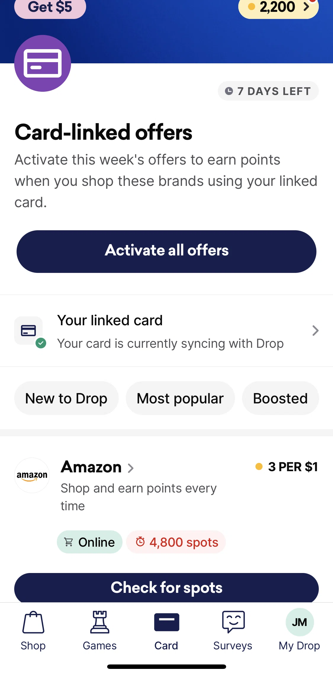 Drop Screen screen in the Card flow