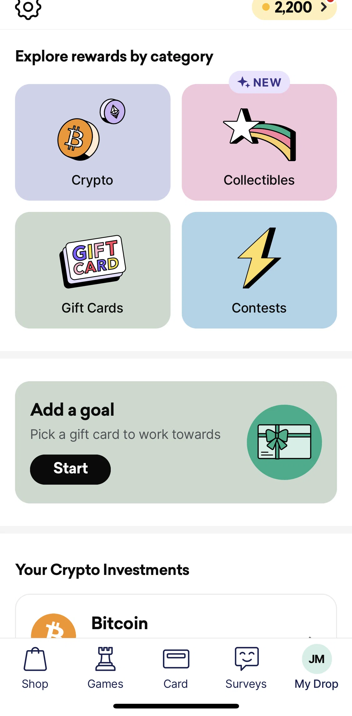Drop Screen screen in the Choosing a reward goal flow