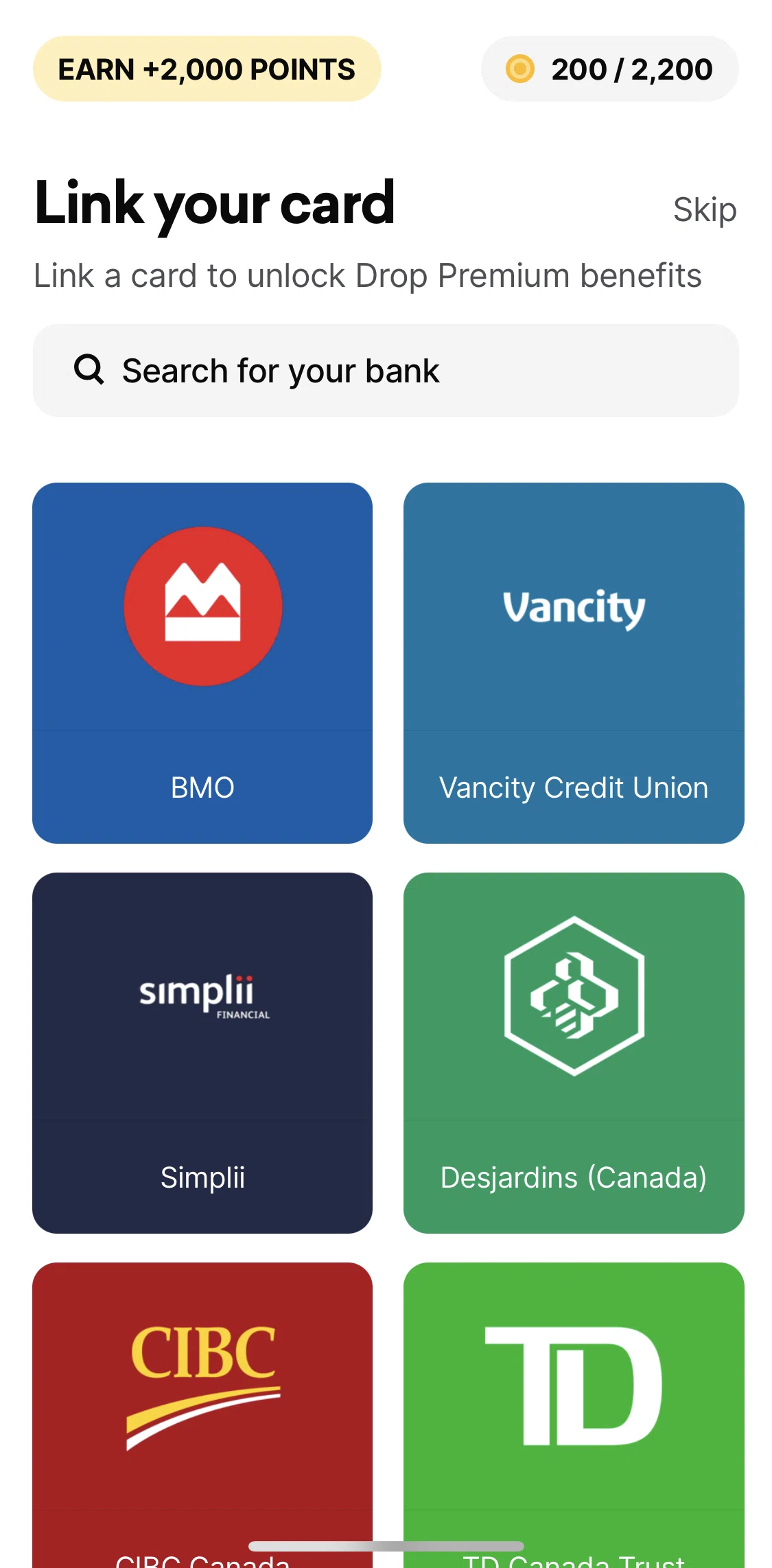 Drop Screen screen in the Linking a card & choosing reward flow