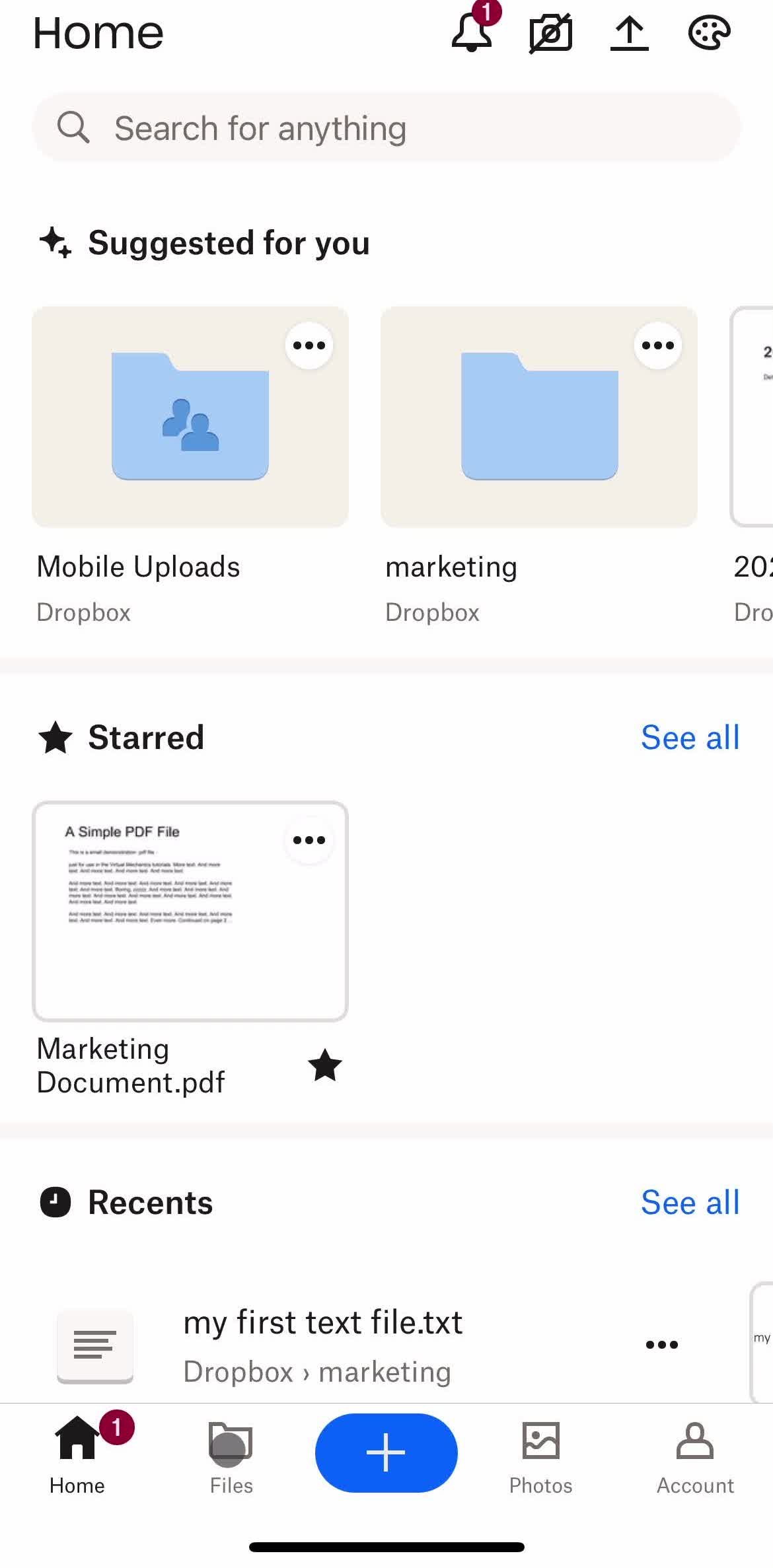 Dropbox Home screen in the Commenting flow