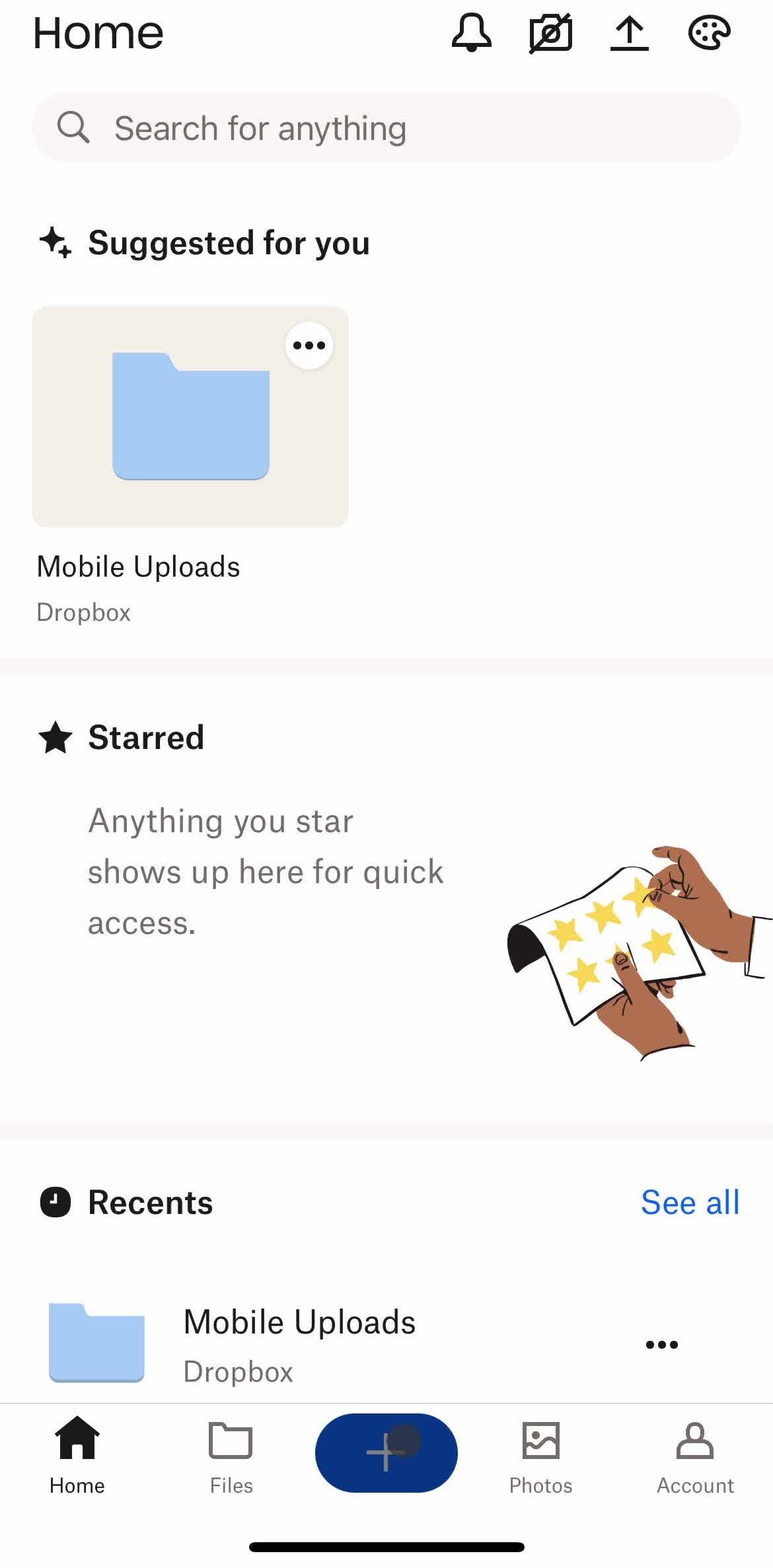 Dropbox Home screen in the Creating A Folder flow