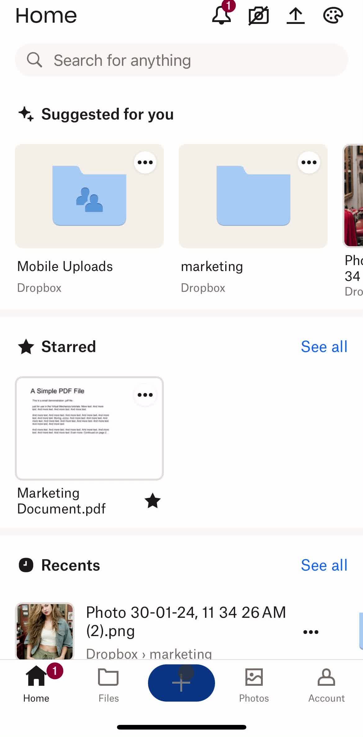 Dropbox Home screen in the Creating A Paper Document flow