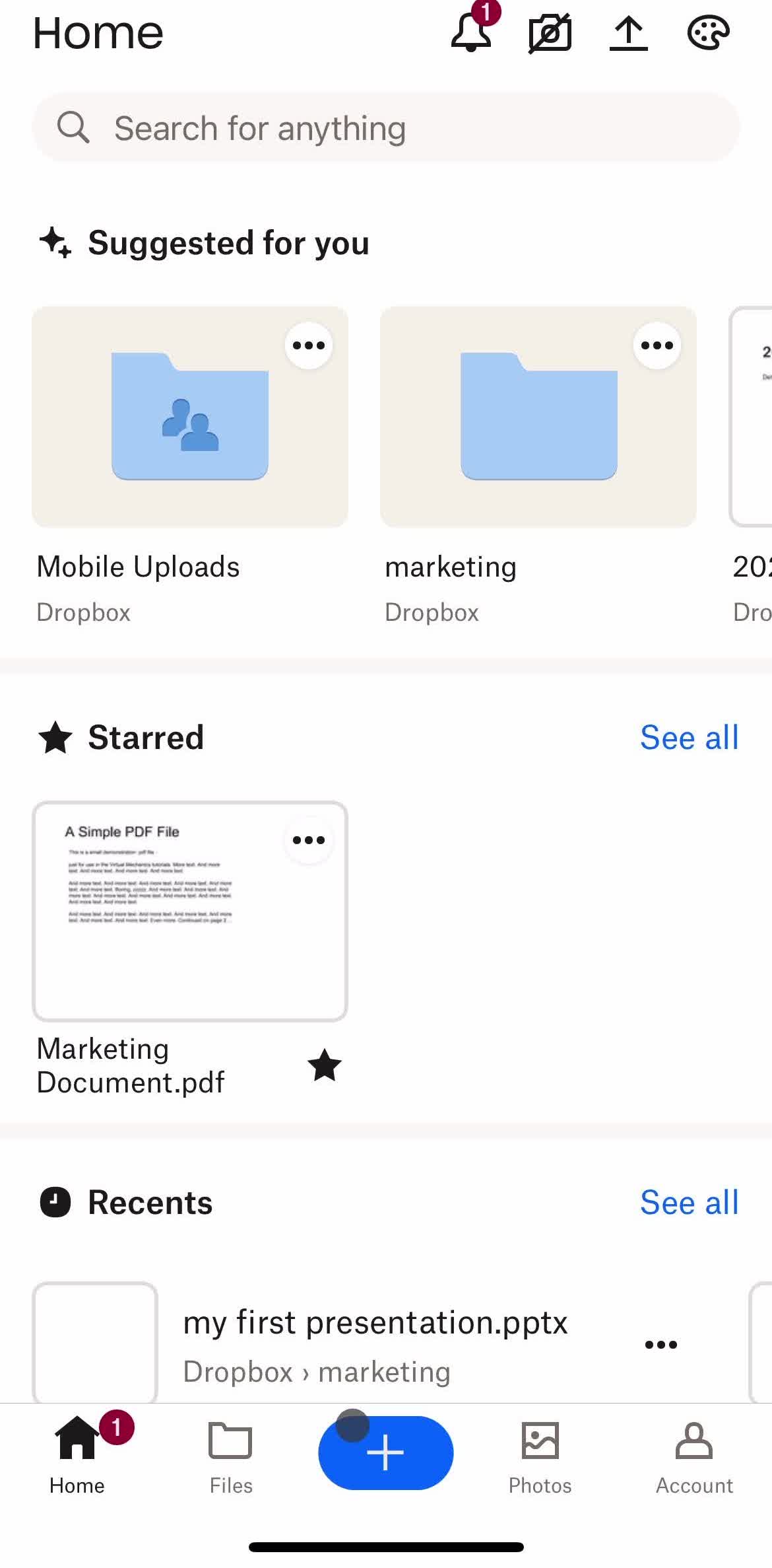 Dropbox Home screen in the Creating An Excel Spreadsheet flow