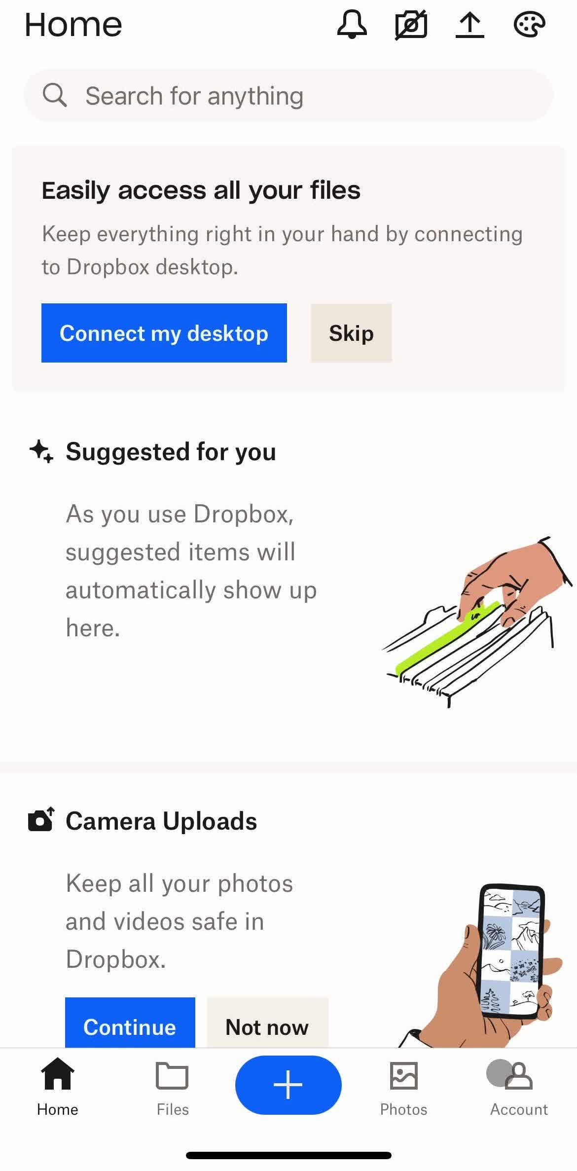 Dropbox Home screen in the Deleting Your Account flow