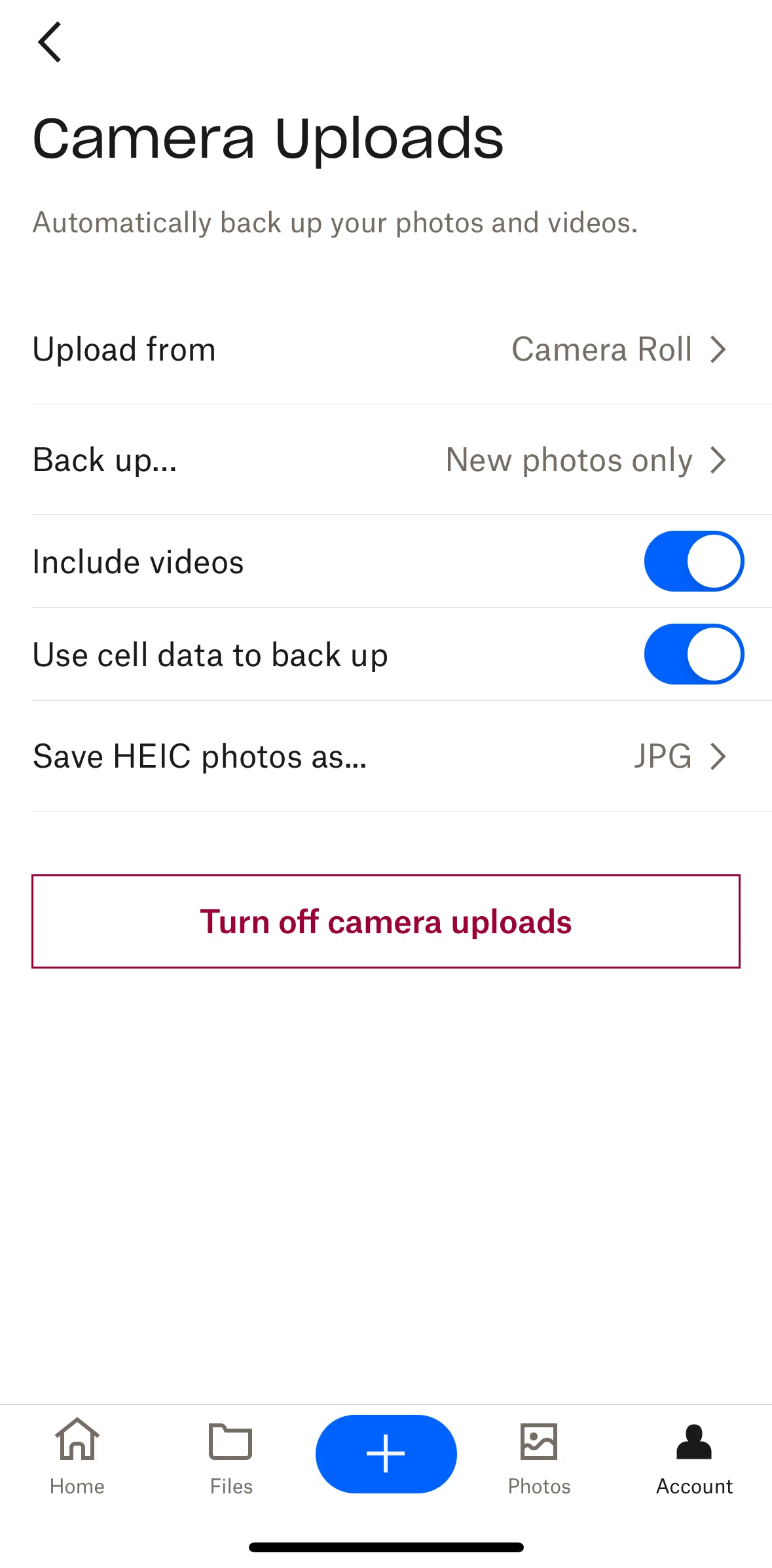 Dropbox Screen 1 screen in the Disabling video upload flow